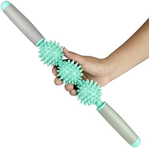 Three Rotating Spiky Massage Roller Stick Muscle Roller, Trigger Point Body Massager Balls Sticks Tools for Relax Body Yoga Fat Blaster Myofascial Release Tool Acupressure Therapy (Green)