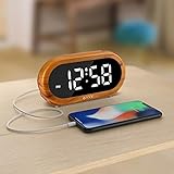 USCCE Home Small Digital Alarm Clock - 0-100% Dimmer, Easy to Set, Adjustable Alarm Volume with 5 Alarm Sounds, USB Charger, Snooze, 12/24Hr, Compact Clock for Bedrooms, Bedside, Desk(Wood Grain)