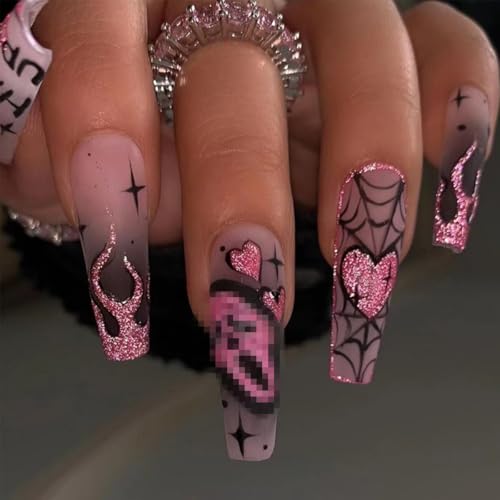 Halloween Press on Nails Long Coffin Fake Nails with Designs Cute Ghost False Nails Heart Flame Spider Skull Glue on Nails Full Cover Suqare Artificial Acrylic Stick on Nails for Women Girls 24 Pcs
