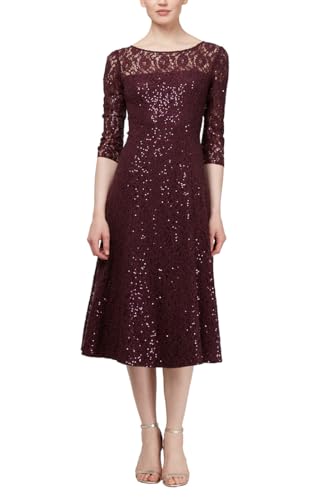 S.L. Fashions Damen Tee-länge DREI Viertel Ärmel Pailletten Kleid für besondere Anlässe, Spitze-Feige, 38
