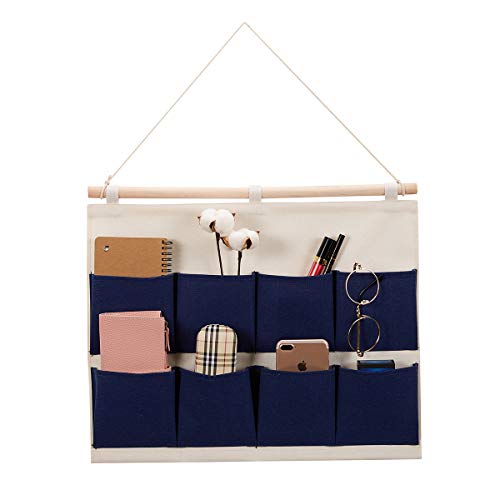 Every Deco Wall Door Hanging Mounted Storage Organization Compartment Pocket Fabric Wood Rope Room Bathroom Toiletry Newspaper Magazines - 8-Pocket Wide - Navy Blue