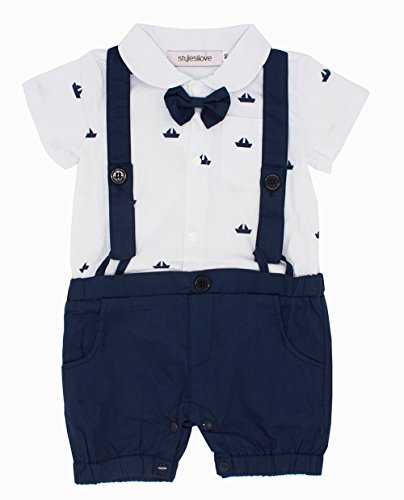 StylesILove Sailor Boat Print Faux Suspender Formal Wear Baby Boy Short Sleeve Romper (80/6-12 Months)