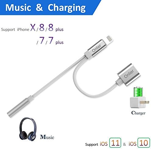Lightning to 3.5mm Headphone Jack Adpater , Onlier iphone 7 / 8 / X adapter , 2 in 1 Lightning Adapter and Charger, Lightning to 3.5mm Aux Headphone Jack Audio Adapter for iphone X, 8, 8 plus 7 plus