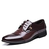 OUOUVALLEY Mens Patent Leather Tuxedo Dress Shoes Lace up pointed Toe Oxfords 1877 brown 10.5D(M)US