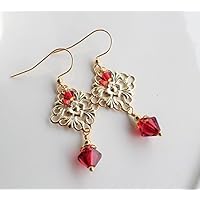 Red Crystal Gold Filigree Drop Earrings