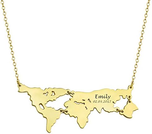 World Map Charm Pendant Personalized Name Date Necklace S925 Sterling Silver Custom Made with Any Names