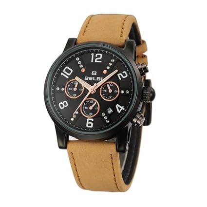 BAJEETA Chronograph Sport Men Watch Calendar Leather Quartz Watches Male Military Fashion Date Wristwatch - Brown