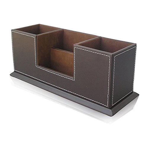 UnionBasic PU Leather 4 Compartment Desk Organizer Card/Pen/Pencil/Mobile Phone Office Supplies Holder Collection Desktop Organizer (Coffee)