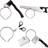 4 Pieces Halloween Headbands Bloody Axe Headband Horror Scissor Headband Spooky Through Head Props for Halloween Costume Supplies, 4 Styles