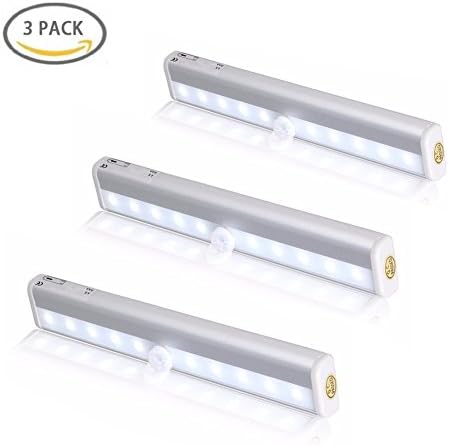 Almatess Under Cabinet Light Stick-on Anywhere Portable 10-LED Wireless Motion Sensor Auto Closet LED Night Lights/Stairs Lights/Step Lights/Cabinet LED Lights Bar Battery Operated-Pack of 3
