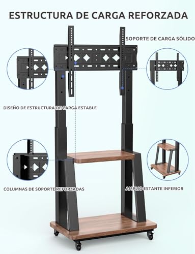 TETVIK Soporte de Piso para TV Móvil con Ruedas de 32 a 75 Pulgadas,Base para TV VESA 200x200-600x400mm,Carrito de TV para Pantalla Altura Ajustable,Soporta hasta 60 KG,Resistente y Fácil de Armar