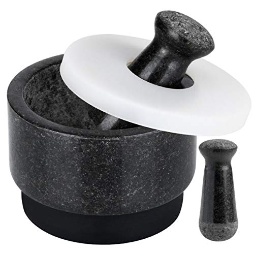 COSYLAND 2 in 1 Pestle and Mortar Set Both Ends Usable, 17 Oz 2 Cup Large Capacity, 2 Pestles Included, Pill Crusher Spice Grinder, Kitchen Dining Room Herb Bowl Solid Stone Granite Black