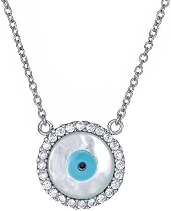 Sterling Silver Pendant Necklace with Round CZ Pave Hamsa Evil Eye Charm, Gift Jewelry Box, Rhodium 925 Silver, Adjustable Chain Length 16" 17" 18"