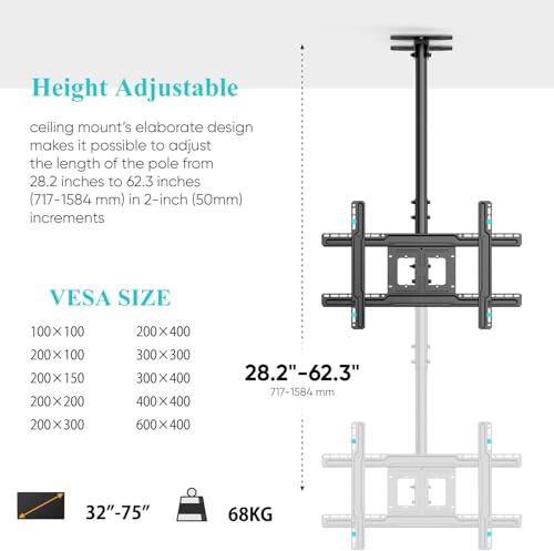 ETHU Ceiling TV Mount for 32-75 inch LCD LED 4K TVs, Flat or Curved TVs up to 150 lbs Full Motion TV Bracket with Swivel, Tilt, Max VESA 600x400mm