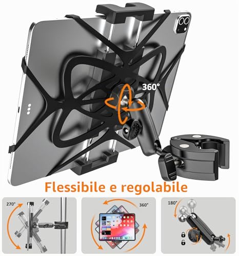 Porta Tablet Manubrio Regolabile [Forte Stabilità e Durata] Supporto Tablet per Passeggino Bicicletta Scooter Barca, Morsetto Tubo Palo Asta per iPad Mini Air Pro, Kindle, Galaxy, Cellulare, 4-13"