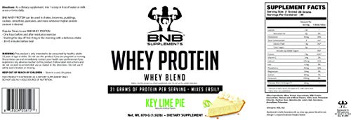 BNB 100% Whey Protein - Key Lime Pie Flavor- 21g of Protein per Serving - 30 Servings - Mixes Easily - Delicious Protein Recovery Shake - by BNB Supplements
