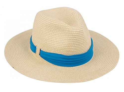 Classic Braided Paper Straw style Fedora With Unique Rippled Belt Band - Drawstring Adujstable Sweat Band for the Perfect Fit - One Size Fits most - Blue