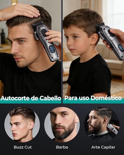 VGRPRO Máquina de Cortar Pelo Hombre Profesional, cortapelos hombre inalámbrico con estuche, kit para casa & barbería, pantalla LED, regalo hombre (Gris)