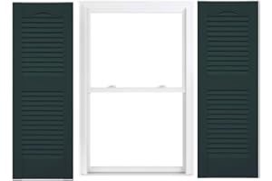 Duralok Vinyl Exterior Shutters | One Pair | Louvered 50/50 Split Cathedral Top Exterior Window Shutters | 18" x 43" | Midnight Green | Simple Installation + Hardware Included | Made in The US