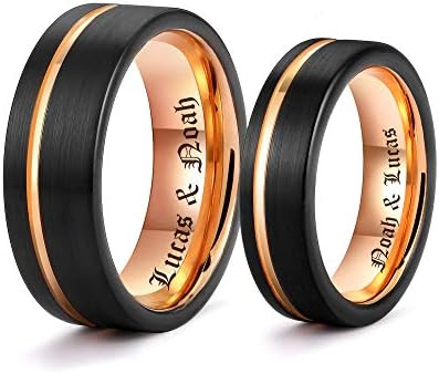 LerchPhi Personalized Engraved Promise Ring for Couples Engagement Wedding Bands Couples Matching Rings Black Tungsten Carbide Satin Finish Rose Gold Comfort-fit