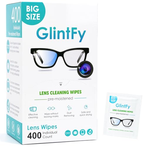 GlintFy Lens Wipes for Eyeglasses, Lens Wipes 15×13cm–400 Count(Pre-moistened Indepently Packaged, Anti-Static Microfiber,Safe,Scratch Free,Suitable for Eyeglass,Sunglasses,Camera,Goggle,Phone,Tablet)