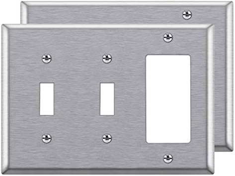 [2 Pack] BESTTEN 3-Gang Mixture Steel Wall Plate, 2-Toggle/1-Decor, Customary Dimension, Anti-Corrosion 430 Stainless Metal Outlet and Swap Cowl, UL Listed, Silver