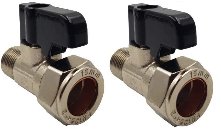 UKDD® 15mm x 1/2" Male Flat Faced Threaded Isolation Ball o fix Valves with Black Lever Straight for 1/2" Flexible Tap Connector (Pair)