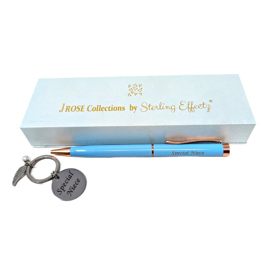 JRose Collections Special Niece Personalised Pen & Charm Keyring Gift Set | Twistable Black Ink Ballpoint Pen, Metal Charm Keychain with Angel Wing, Gift for Niece