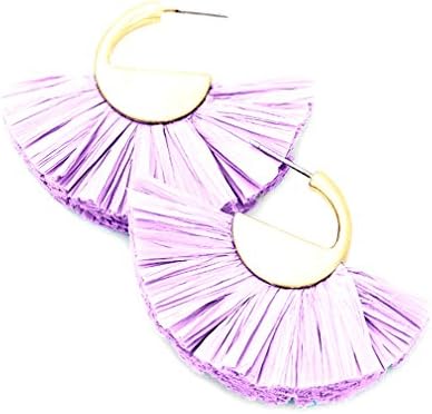 Uniklook Lavender Tassel Raffia Worn Gold Statement 2" Hoops Earrings Women's fashion Jewelry