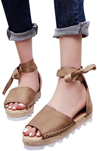 Shybuy Women Sandals Womens Espadrilles Lace Tie up Flat Sandals Summer Peep Toe Classic Mid Heel Shoes