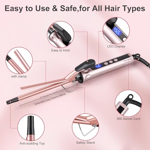 JAETON Curling Wand Hair Curler, Curling Tongs with Clamp, New Upgraded Ceramic Curling Iron, Dual Voltage, Adjustable Temp 100℃-230℃ (9MM)