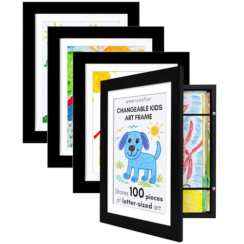 Kids Artwork Frame Changeable (Black) - Magnetic Door Holds 100 Art Pieces - 8.5x11 Letter Size Display with Mat or 10x12.5 Without Mat - My Mini Masterpiece (Set of 4)
