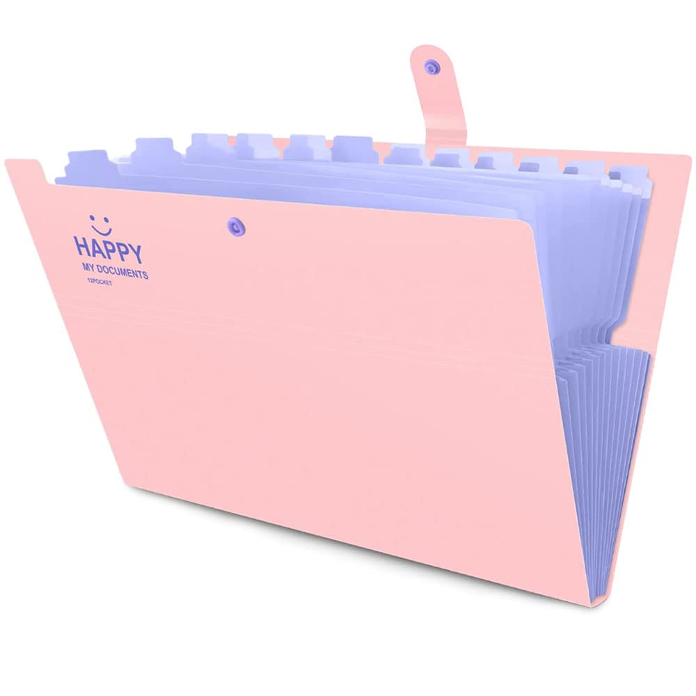 Expanding File Folder, File Organiser, A4 File Folder, High Capacity, Easy to Carry, with Buckle Closure and 12 Compartments, for Home, Office and School Use (Pink)