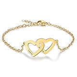 Personalized Double Heart Promise Bracelets for Women Custom Engraved 2 Names Bracelet Adjustable Stainless Steel Love Bracelet for Her