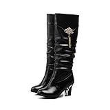 VogueZone009 Womens Closed Round Toe Kitten Heels PU Solid Boots with Tassels and Rhinestones, Black, 5 B(M) US