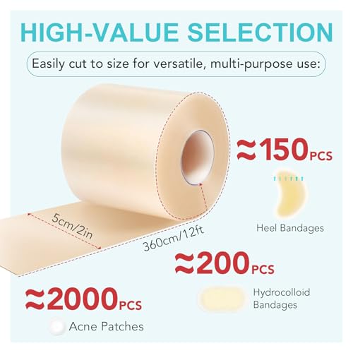 Hydrocolloid Plaster Roll 5 cm x 3.6 m, Self-Adhesive Hydrocolloid Wound Plasters for Blisters, Cuts & Skin Protection, Various Sizes, Can Be Cut to Size, Pack of 1