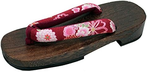 Women's Kiri Geta Brown Sandal with Japanese Red Flower Print Toe Straps US Size 6.5-8 (24-25.5cm)