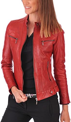 Leather Fashion Stores Women's Lambskin Leather Bomber Biker Jacket large Red