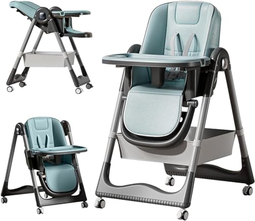 0TO1 3-in-1 Baby High Chair, كرسي اطفال with Wheels, 7-Height Travel Folding High Chair with Tray, Storage Pocket, 4 Recline Adjustable, for Babies and Toddlers (Blue)