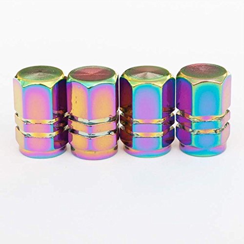 Neo Chrome Rainbow Tire Stem Valve Caps Cover (Set of 4pcs) Aluminum with Gasket Rubber Rings Universal fit for All cars and Bike (Hexagon Style)