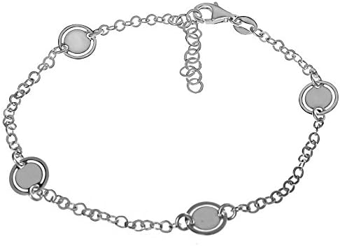 Italian Sterling Silver Daimond Cut Rolo Chain Round Disc Bracelet with Chain Length of 7", Bracelet Extension of 1" and Lobster Claw Clasp Closure