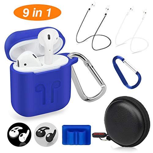 Cuauco AirPods Case Protective Silicone Cover with 2 Anti-Lost Airpods Strap/2 Pairs of Ear Hooks/2 Carabiner/1 Airpods Watch Band Holder/1 Headphone Case for Apple Airpods Accessories (9 Pack)-(Blue)
