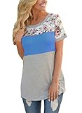 HOTAPEI Women Casual Floral Print Short Sleeve Colorblock Shirts Blouse Tops Royal Blue XL