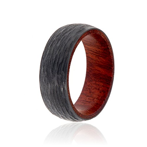 Mens Black Wedding Band Black Zirconium Ring With Bloodwood Sleeve And Premium Tree Bark Finish 8mm Wide Ring - USA Made