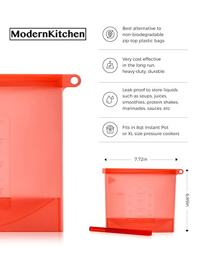 Reusable Silicone Food Storage Bags with Cleaning Scrubber Sponge - Fits Instant Pot, Accessories 8qt - Safe to Steam, Heat, Boil, Freeze, Sous Vide Cooking - Airtight Lunch Snack Container - Set 4+1