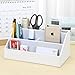 KINGFOM Pu Leather Desk Organizer with 5 Compartments Holder, Multi-Functional Office Supplies Storage Caddy for Pen/Pencil, Phones, Remote Controller and Desktop Accessorie White