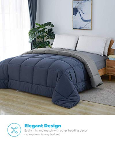 Equinox All-Season Navy Blue/Charcoal Grey Quilted Comforter - Goose Down Alternative - Reversible Duvet Insert Set - Machine Washable - Hypoallergenic - Plush Microfiber Fill (350 GSM) (Queen)