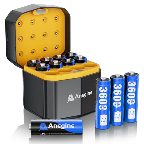 Anegine Rechargeable AA Batteries Lithium 12 Pack with Fast Charger,3600mWh 1.5V High Power AA Lithium ion Batteries,Constant Output Li-ion AA Batteries Cycle Times up to 2000+Cycle Times (Blue)