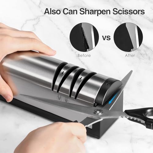 Professional 2-Stage Electric Knife Sharpener with Scissors Sharpener & Metal Dust Collection Box,Stainless Steel,Quick Sharpening & Polishing,Kitchen Sharpener for Home Chefs & Cooking Enthusiasts