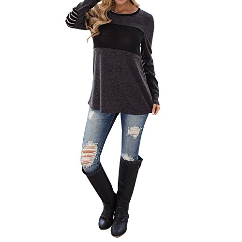 Women's Patched Tops Duseedik Long Sleeve Round Neck Elbow Patched Color Block Stripe Shirt